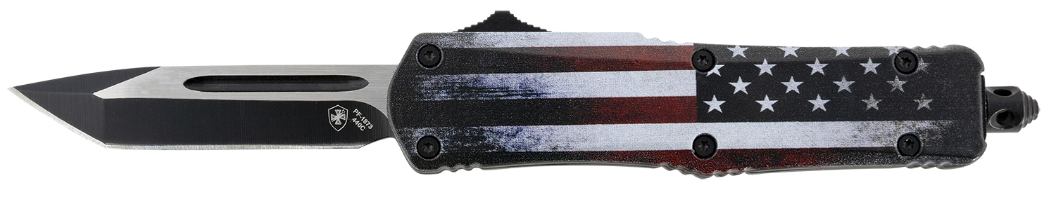 Templar Knife SUS231 Gen II US Flag Small 2.69″ OTF Tanto Plain Black Oxide Stonewashed 440C SS Blade, 4.31″ US Flag Aluminum Handle, Glass Breaker