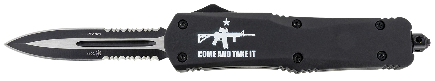Templar Knife LAR15431 Gen II Come And Take It Large 3.50″ OTF Dagger Part Serrated Black Oxide Stonewashed 440C SS Blade, 5.25″ Black w/ “Come And Take It” AR-15 Gun Aluminum Handle, Glass Breaker