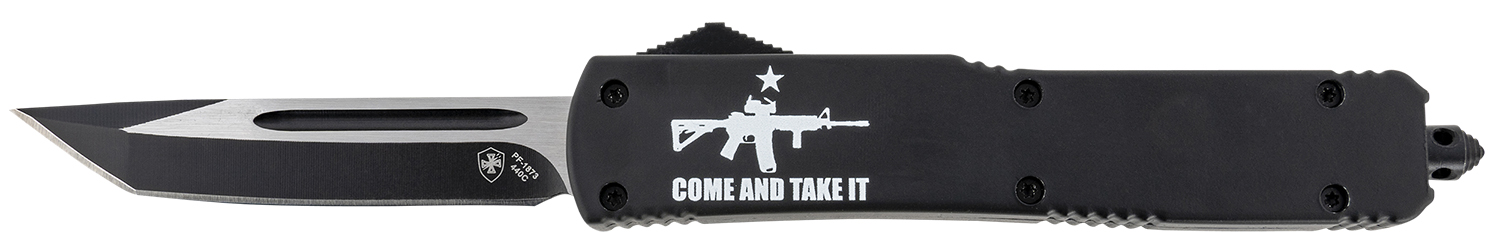Templar Knife MAR15231 Gen II Come And Take It Slim 3.43″ OTF Tanto Plain Black Oxide Stonewashed 440C SS Blade, 5.05″ Black w/ “Come And Take It” AR-15 Gun Aluminum Handle, Glass Breaker