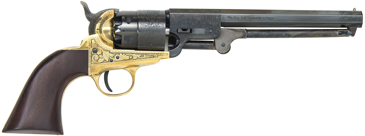 Traditions FR185118 1851 Navy Break Open 44 Cal #11 Percussion 7.50″ 6 Shot Brass Engraved Frame Blued Engraved Barrel Blued Cylinder Walnut Grip