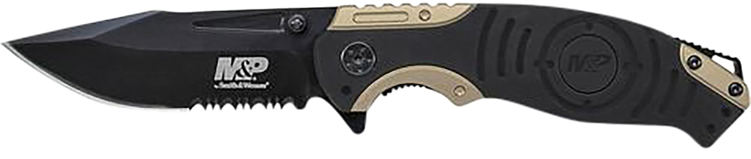 Smith & Wesson Knives SWP13BSCP M&P  3.50″ Folding Drop Point Part Serrated Stonewashed 8Cr13MoV SS Blade/Black & Tan Aluminum Handle Includes Pocket Clip