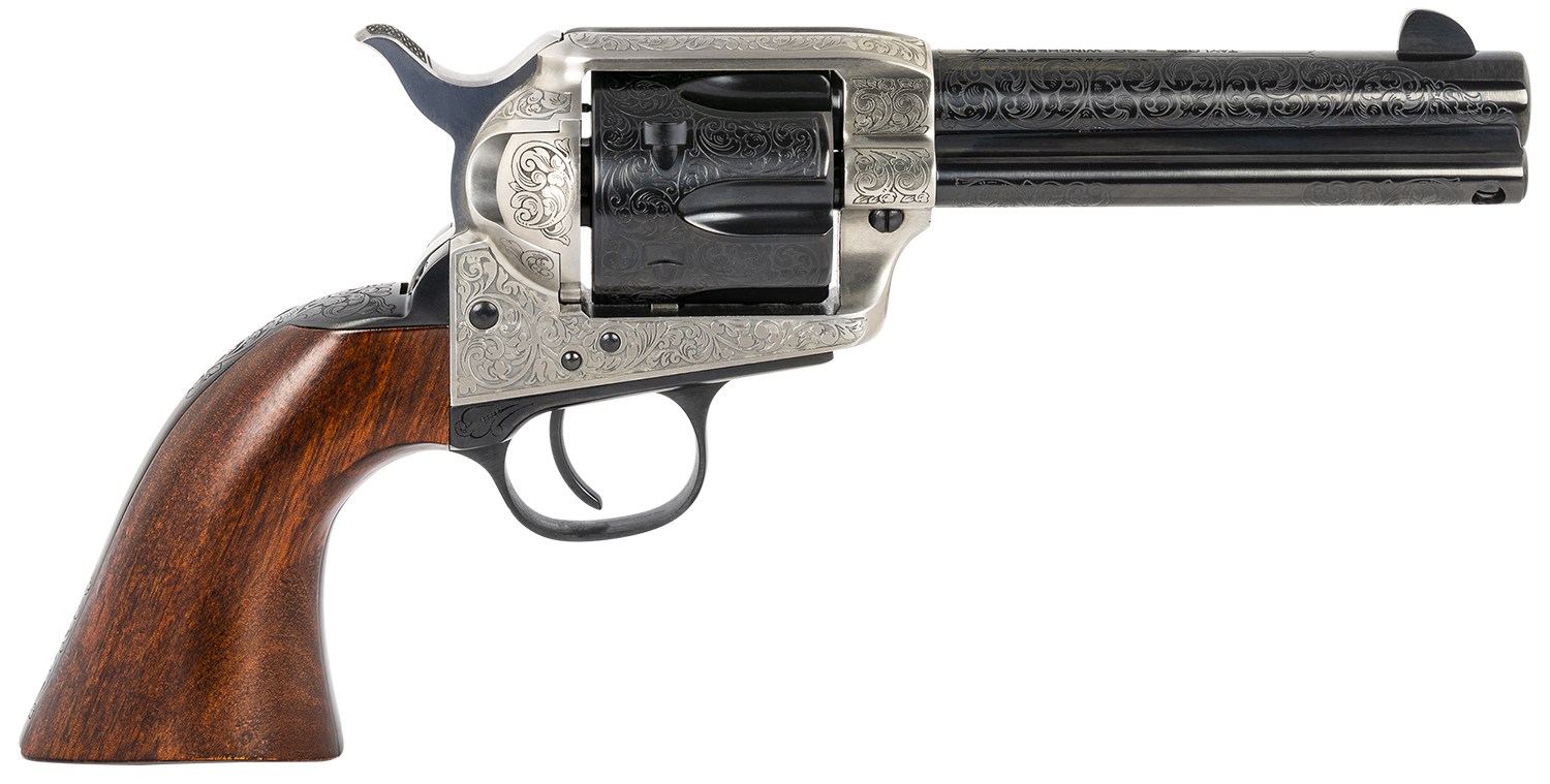 Taylors & Company 550924 1873 Cattleman 357 Mag Caliber with 4.75″ Blued Floral Engraved Finish Barrel, 6rd Capacity Blued Finish Cylinder, Coin Photo Engraved Finish Steel Frame & Walnut Grip