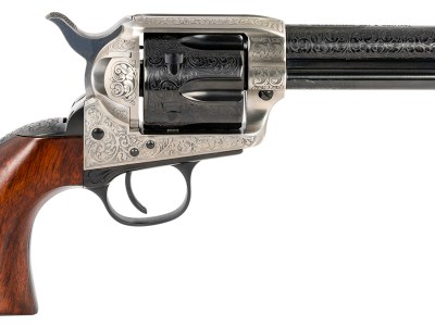 Taylors & Company 550925 1873 Cattleman 45 Colt (LC) Caliber with 4.75″ Blued Floral Engraved Finish Barrel, 6rd Capacity Blued Finish Cylinder, Coin Photo Engraved Finish Steel Frame & Walnut Grip