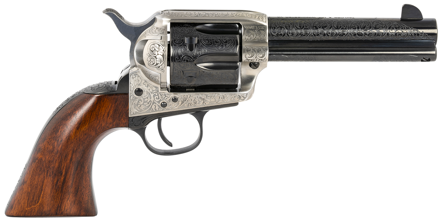 Taylors & Company 550925 1873 Cattleman 45 Colt (LC) Caliber with 4.75″ Blued Floral Engraved Finish Barrel, 6rd Capacity Blued Finish Cylinder, Coin Photo Engraved Finish Steel Frame & Walnut Grip