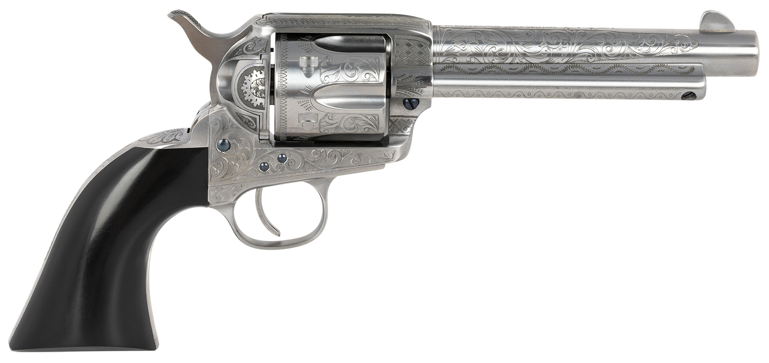 Taylors & Company 555158 1873 Cattleman Uberti 357 Mag/38 Special 6rd Shot 5.50″ White Engraved Round Barrel, Cylinder & Steel Frame, Black Polymer Navy Grip, Exposed Hammer