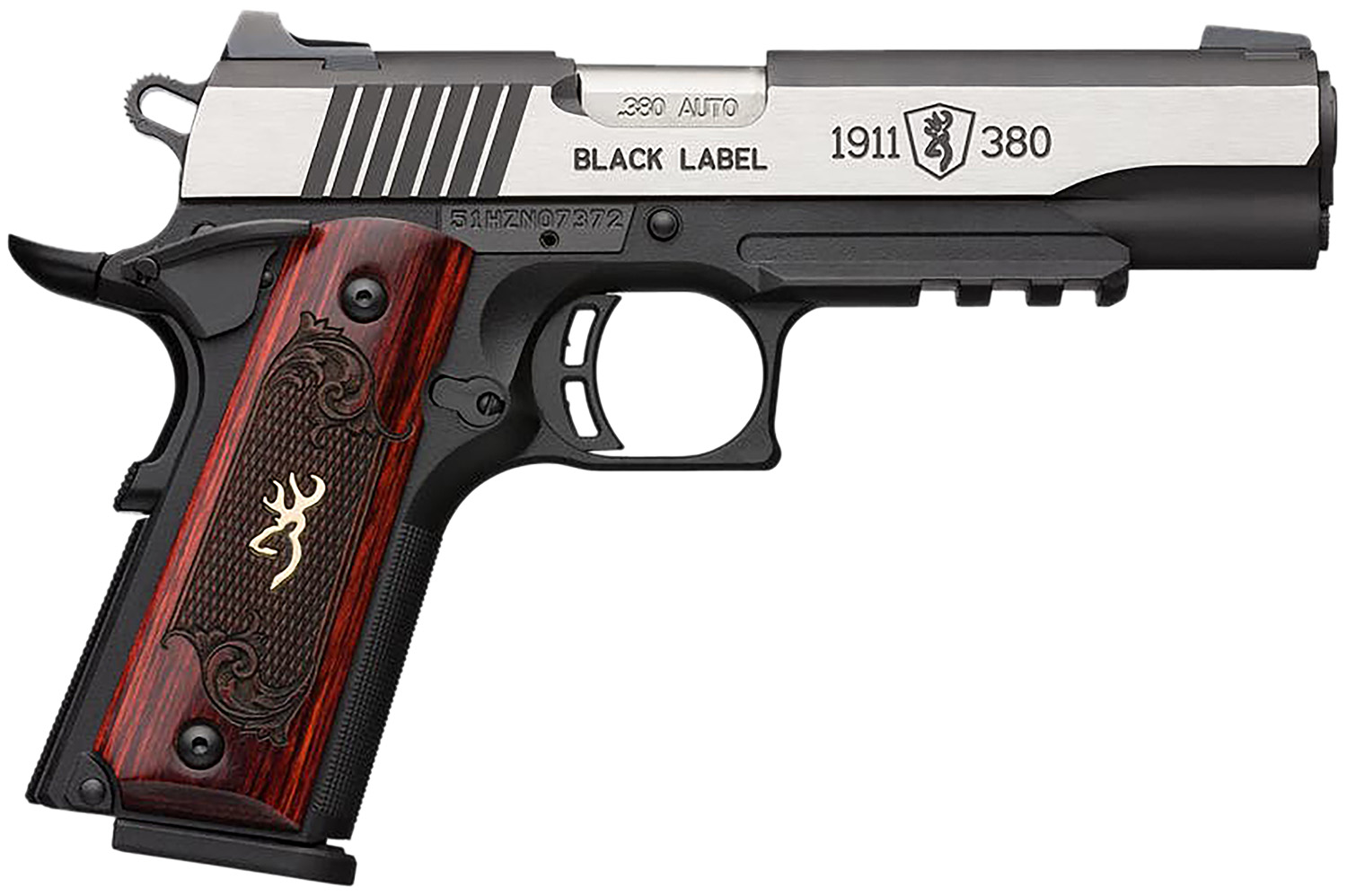 Browning 051971492 1911 Black Label Medallion Pro 380 ACP 8+1 4.25″ Target Crown Barrel, Blackened w/Silver Polished Flats Serrated SS Slide, Matte Black Polymer Frame w/Beavertail & Picatinny Rail