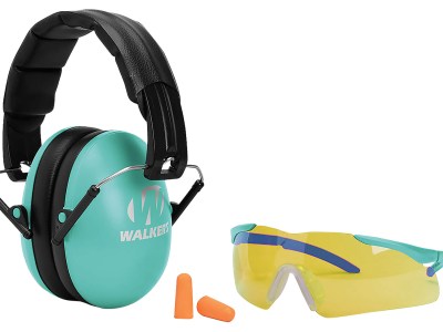 Walker’s GWPYWFM2GFPLTL Folding Muff Combo 23 dB Over the Head Folding Muff, Foam Ear Plugs, Shooting Glasses Black/Teal Polymer Fits Youth/Women