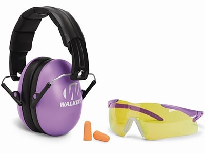 Walker’s GWPYWFM2GFPPUR Folding Muff Combo 23 dB Over the Head Folding Muff, Foam Ear Plugs, Shooting Glasses, Purple/Black Polymer Fits Youth/Women