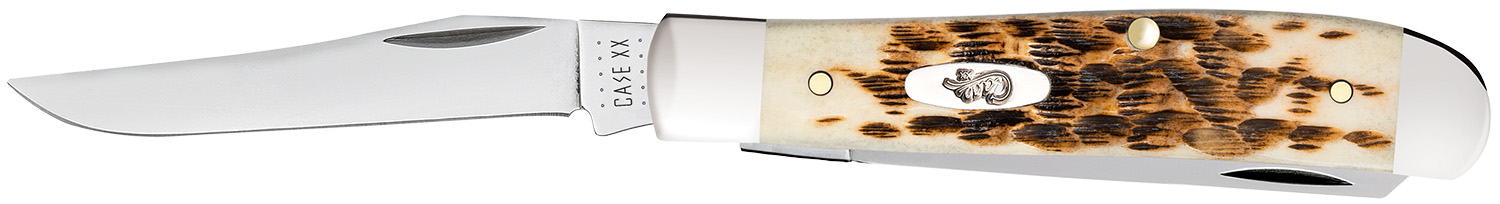 Case 00013 Trapper  Mini 2.70″/2.75″ Folding Clip Point/Spey Plain Mirror Polished Tru-Sharp SS Blade, Peach Seed Jigged Amber Bone Handle