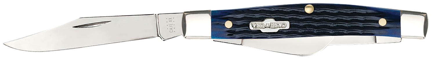 Case 02806 Stockman  Medium 2.42″/1.58″/1.57″ Folding Clip/Sheepsfoot/Pen Plain Mirror Polished Tru-Sharp SS Blade/Rogers Corn Cob Jigged Blue Bone Handle