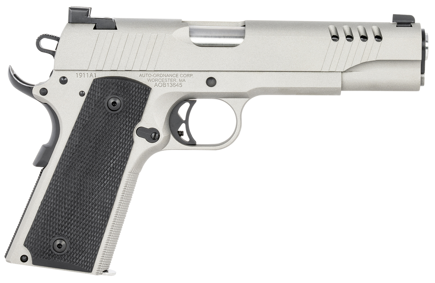 Auto-Ordnance 1911TCAC6 1911 A1  45 ACP 7+1 5″ Savage Silver Cerakoate, Serrated/Ported Slide,  Black Rubber Grips, Fixed 3-Dot Combat Day Sights