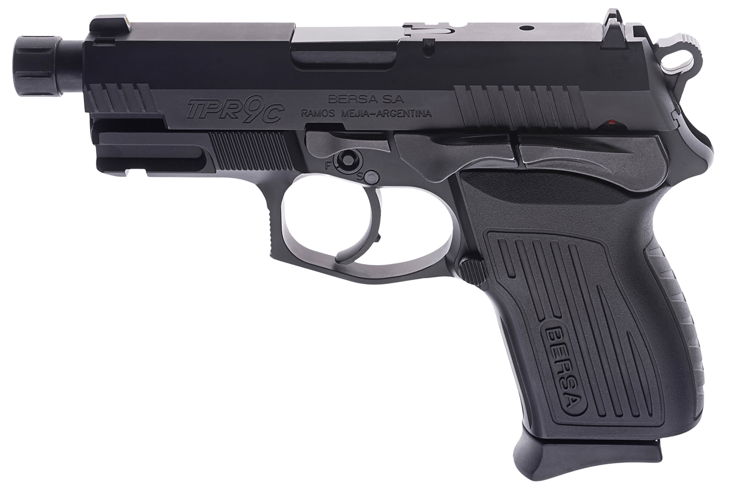 Bersa TPR9CMX TPRCX  Compact Frame 9mm Luger 13+1, 4.10″ Black Steel Threaded Barrel, Matte Black Serrated Steel Slide & Aluminum Frame w/Beavertail, Ambidextrous