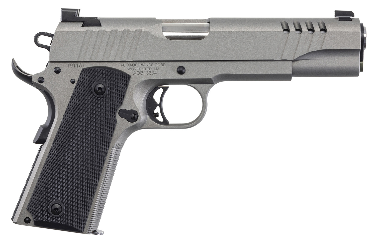 Auto-Ordnance 1911TCAC6N 1911 A1  45 ACP 7+1 5″ Savage Silver Cerakoate, Serrated/Ported Slide,  Black Rubber Grips, TruGlo Night Sights