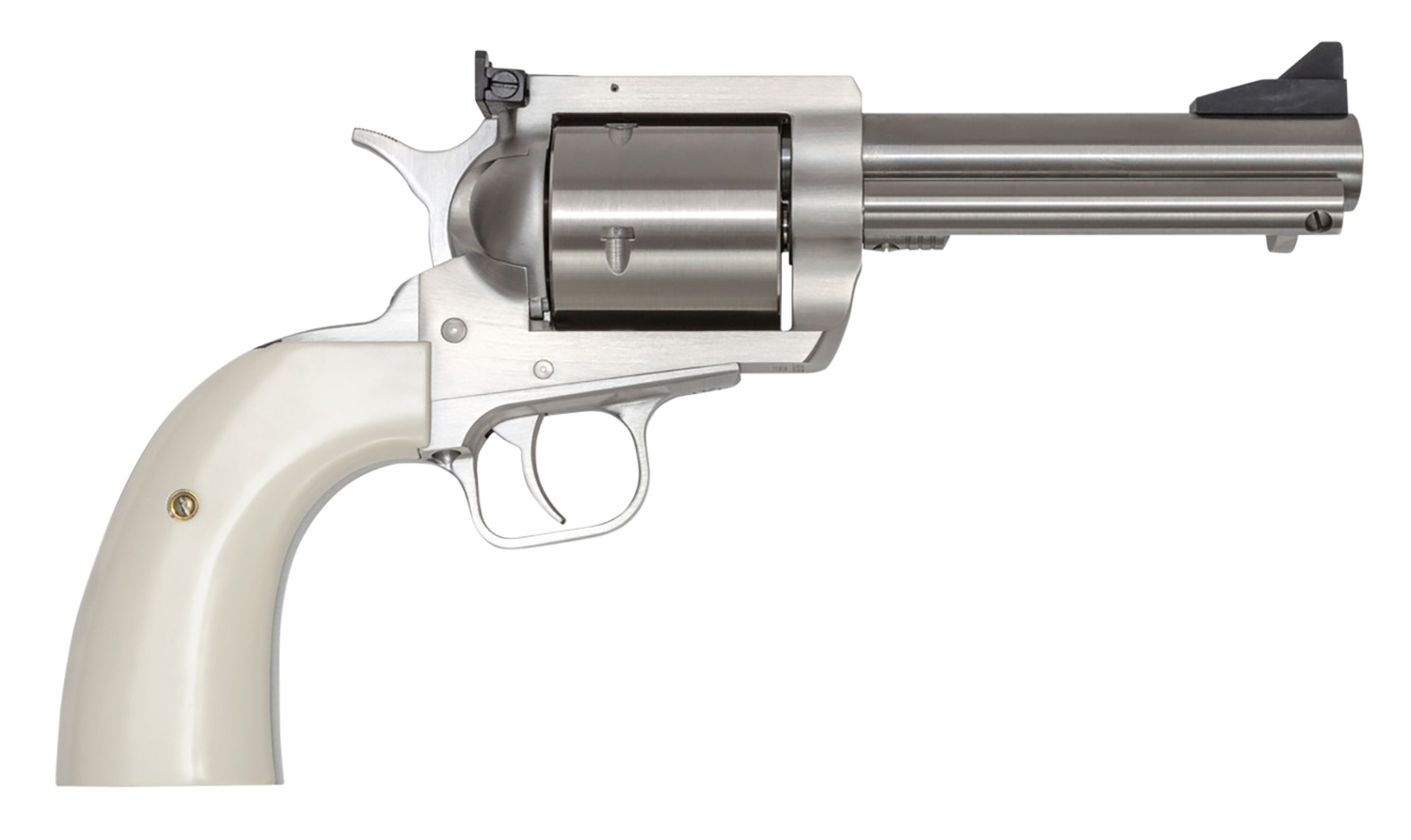 Magnum Research BFR44MAG5B6 BFR Short Cylinder 44 Rem Mag 6 Shot, 5″ Brushed Stainless Steel Barrel, Cylinder  & Frame, White Polymer Grip, Hammer Safety, Exposed Hammer