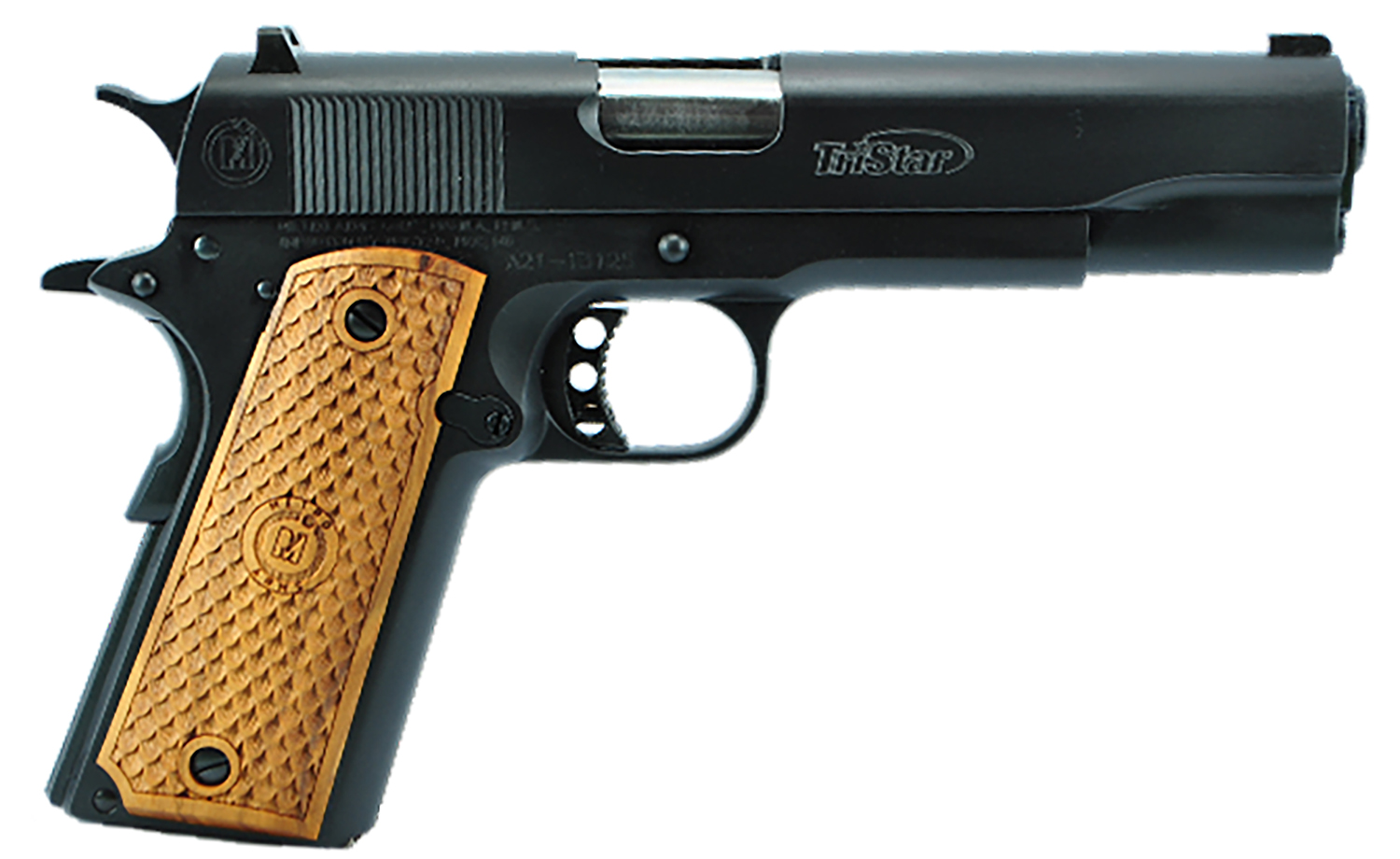 TriStar 85604 American Classic Government 1911 9mm Luger 10+1 5″ Stainless Steel Barrel, Blued Serrated Steel Slide, Blued Steel Frame w/Beavertail, Wood Grip
