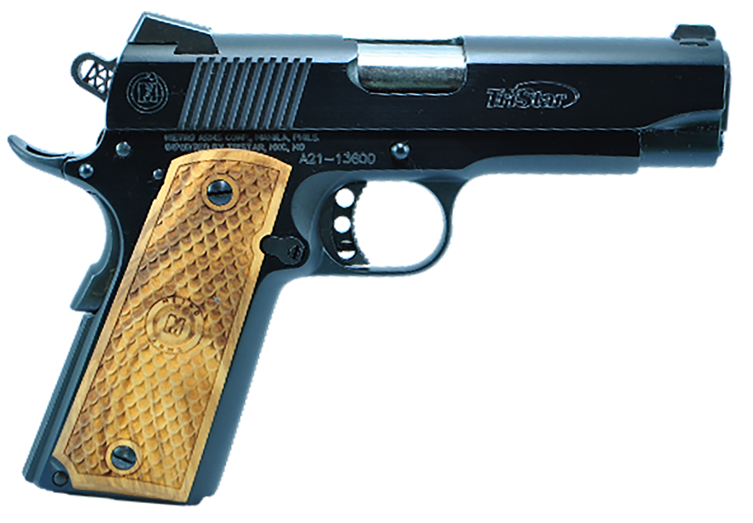 TriStar 85624 American Classic Commander 1911 9mm Luger 9+1 4.25″ Stainless Steel Barrel, Blued Steel Serrated Slide, Blued Steel Frame w/Beavertail, Wood Grip, Right Hand