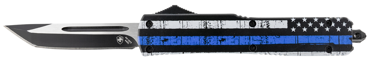 Templar Knife MBTB231 Gen II Back The Blue Slim 3.43″ OTF Tanto Plain Black Oxide Stonewashed 440C SS Blade, 5.05″ 4.31″ Black & White w/Blue Line Aluminum Handle, Glass Breaker