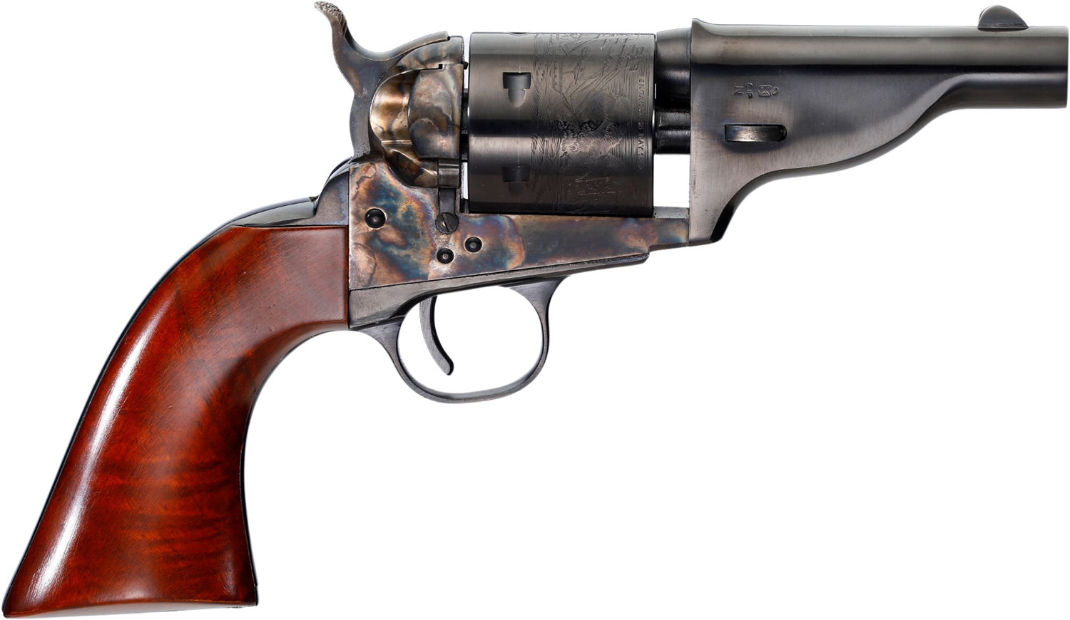 Taylors & Company 550958 Uberti Hickok Open-Top 38 Special 6 Shot 3.50″ Blued Barrel, Blued Engraved Cylinder, Color Case Hardened Steel Frame, Walnut Army Grip, Hammer Bar Safety, Exposed Hammer