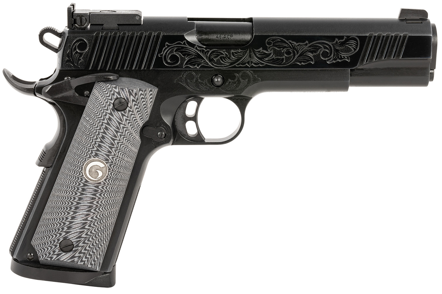 EAA GIRSAN 390098 MC1911 S Lux Full Size 45 ACP 8+,1 5″ Black Steel Barrel, Black Chrome w/Engraving Serrated Slide, Black Chrome Engraved Steel Frame w/Beavertail, G10 Grips Ambidextrous