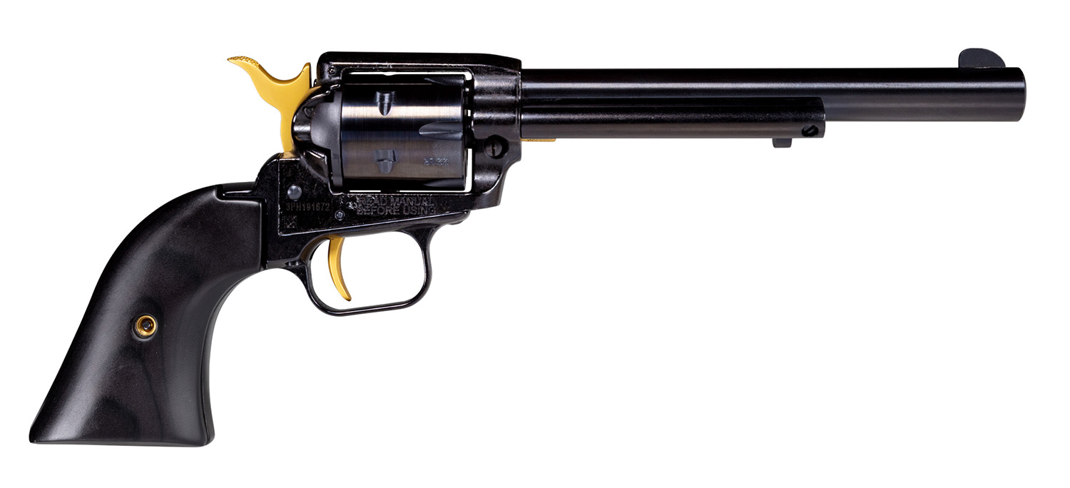 Heritage Mfg RR22B6-GLD Rough Rider  22 LR 6 Shot 6.50″ Black Oxide Alloy Steel Barrel, Black w/Gold Accents Steel Frame, Black Oxide Cylinder, Black Laminate Wood Grip, Manual Safety, Exposed Hammer