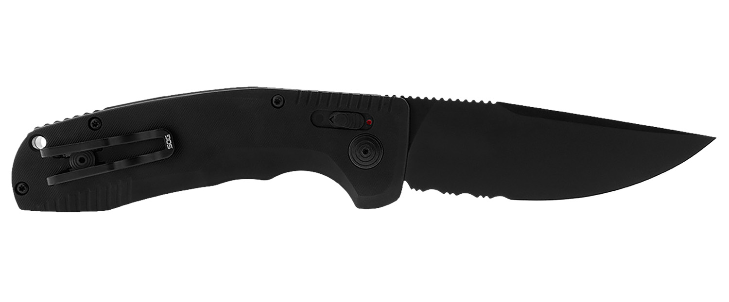 S.O.G SOG15380257 SOG-TAC Auto 3.43″ Folding Part Serrated Black TiNi Cryo D2 Steel Blade Black Micro-Textured Anodized Aluminum Handle Includes Pocket Clip