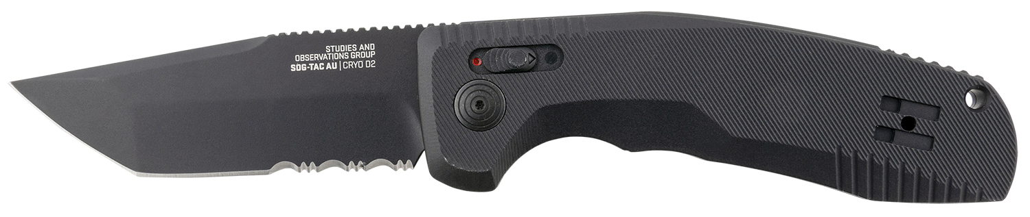 S.O.G SOG15380457 SOG-TAC Auto 3.43″ Folding Tanto Part Serrated Black TiNi Cryo D2 Steel Blade Black Micro-Textured Anodized Aluminum Handle Includes Pocket Clip