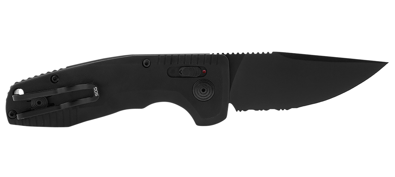 S.O.G SOG-15-38-08 SOG-TAC Auto Compact 2.94″ Folding Straight Back Part Serrated Black TiNi Cryo D2 Steel Blade Black Micro-Textured Anodized Aluminum Handle Includes Pocket Clip