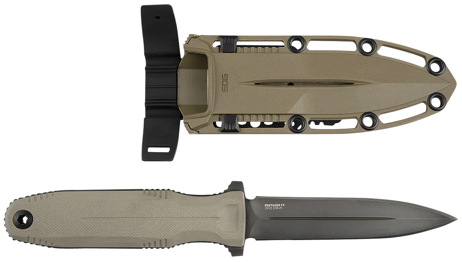S.O.G SOG17610257 Pentagon FX 4.77″ Fixed Spear Point Plain Black Titanium Nitride Cryo CPM S35VN Blade/G10 FLat Dark Earth Handle