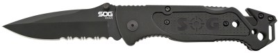 S.O.G SOGFF25CP Escape  3.40″ Folding Clip Point Part Serrated Black Hardcased 9Cr18MoV SS Blade Black Anodized Aluminum Handle Includes Belt Clip