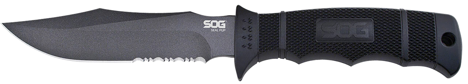 S.O.G SOGM37K Seal Pup  4.75″ Fixed Clip Point Part Serrated Powder Coated AUS-8A SS Blade Black w/Raised Diamond Pattern GRN Handle Includes Sheath