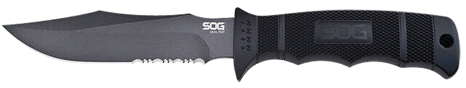 S.O.G SOGM37NCP Seal Pup  4.75″ Fixed Clip Point Part Serrated Powder Coated AUS-8A SS Blade Black w/Raised Diamond Pattern GRN Handle Includes Lanyard/Sheath