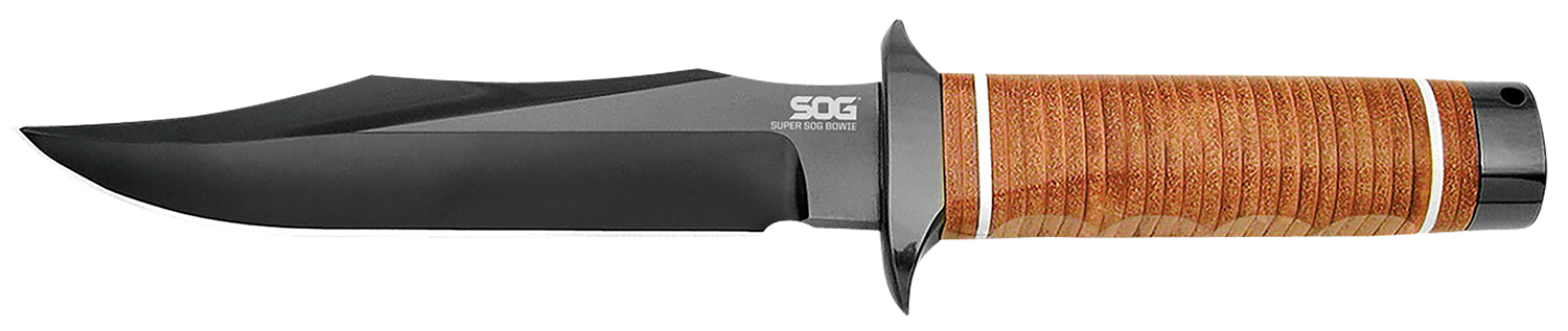 S.O.G SOGSB1TL Super SOG  7.50″ Fixed Bowie Plain Black Hardcased TiCN AUS-8A SS Blade Brown Stacked Leather Washers w/Cross Guard Handle Includes Sheath