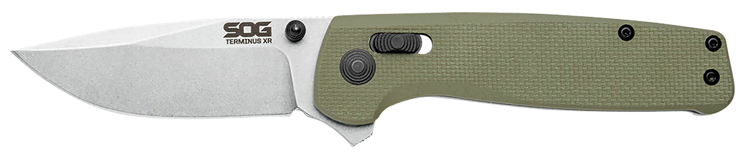 S.O.G SOGTM1022BX Terminus XR 2.95″ Folding Clip Point Plain Stonewashed BD1 Steel Blade Olive Drab Textured G10 Handle Features Box Packaging Includes Pocket Clip