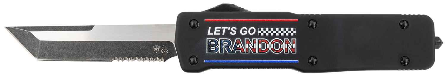 Templar Knife LZLGB521 Premium Weighted Let’s Go Brandon Large 3.55″ OTF Tanto Part Serrated Black Oxide Stonewashed D2 Steel Blade, 5.25″ Black “Lets Go Brandon” Aluminum Zinc Alloy Handle