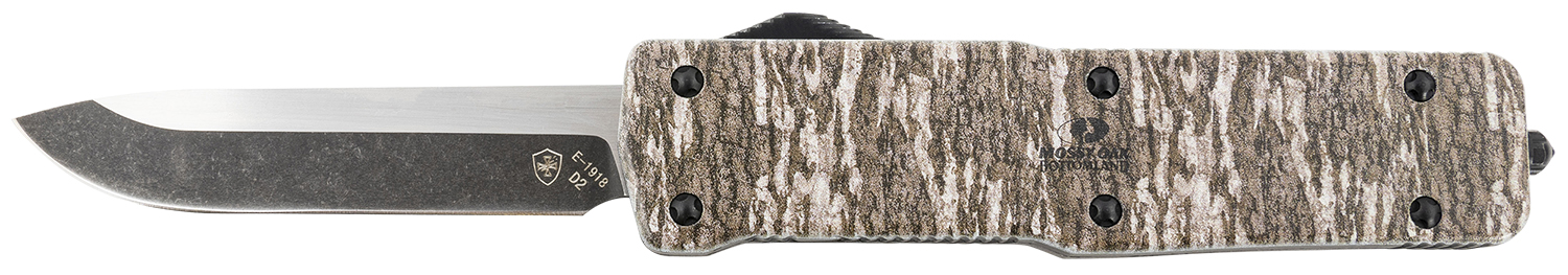 Templar Knife LZMOB321 Premium Weighted  Large 3.55″ OTF Drop Point Plain Black Oxide Stonewashed D2 Steel Blade, 5.25″ Mossy Oak Bottomland Aluminum Zinc Alloy Handle