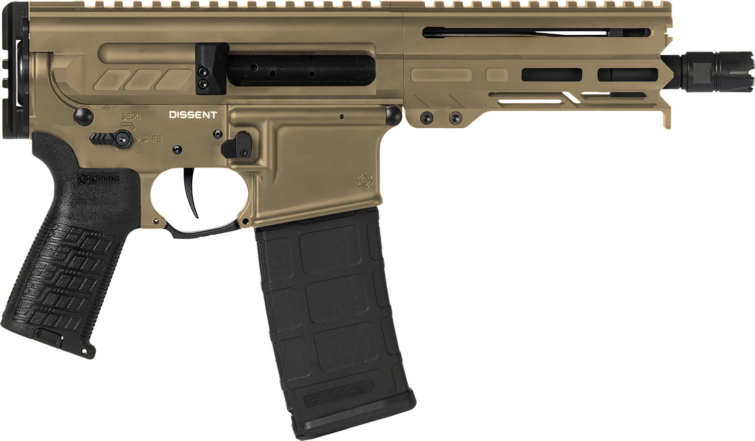 CMMG 55A938FCT Dissent  5.56x45mm NATO 30+1 6.50″, Coyote Tan Cerakote Rec, OEM Grip, Picatinny Buffer Adapter, Zeroed Drop-In Single Stage Trigger
