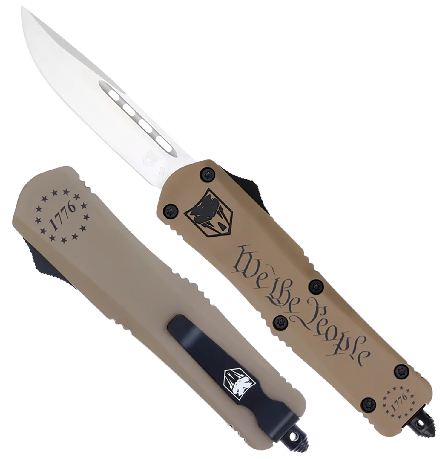 CobraTec Knives SWTPFS3DNS FS-3 We The People Small 2.75″ OTF Drop Point Plain Aluminum Cerakoted D2 Steel Blade, Tan “We The People” Aluminum Handle