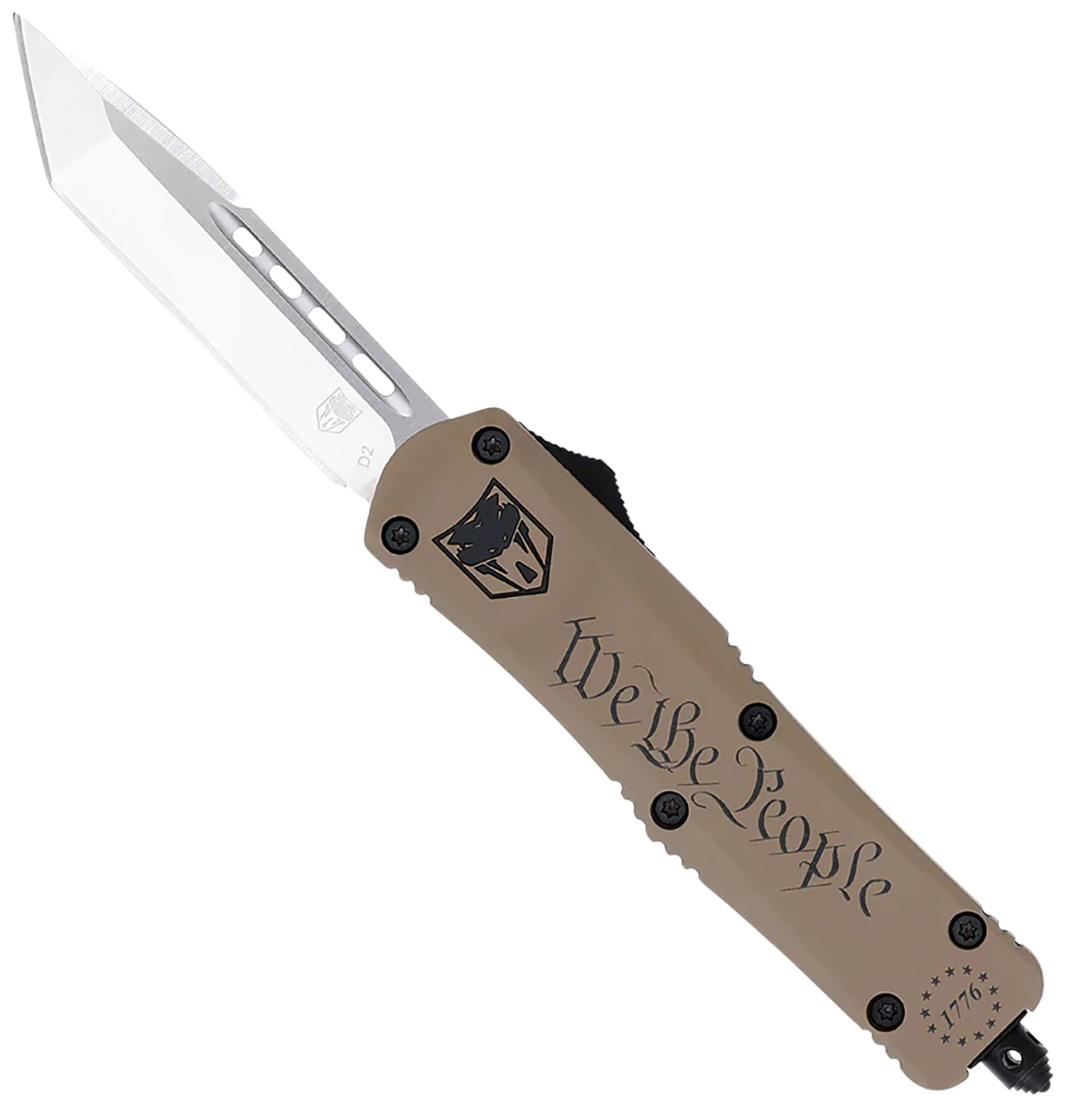 CobraTec Knives SWTPFS3TNS FS-3 We The People Small 2.75″ OTF Tanto Plain Aluminum Cerakoted D2 Steel Blade, Tan “We The People” Aluminum Handle