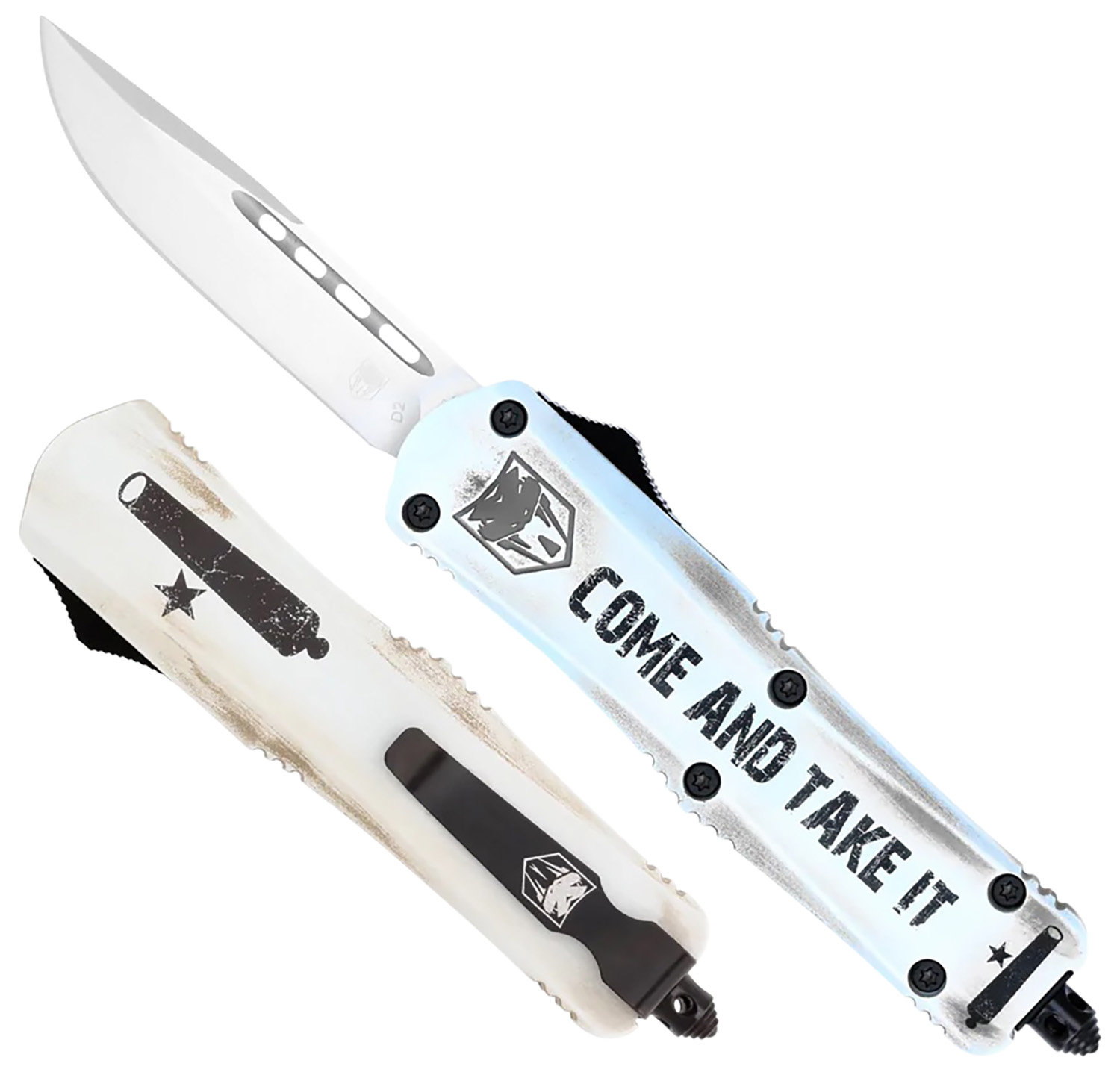 CobraTec Knives SCATIFS3DNS FS-3 Come And Take It Small 3″ OTF Drop Point Plain D2 Steel Blade 4.50″ White “Come And Take It” Aluminum Cerakoted Handle Includes Glass Breaker/Pocket Clip