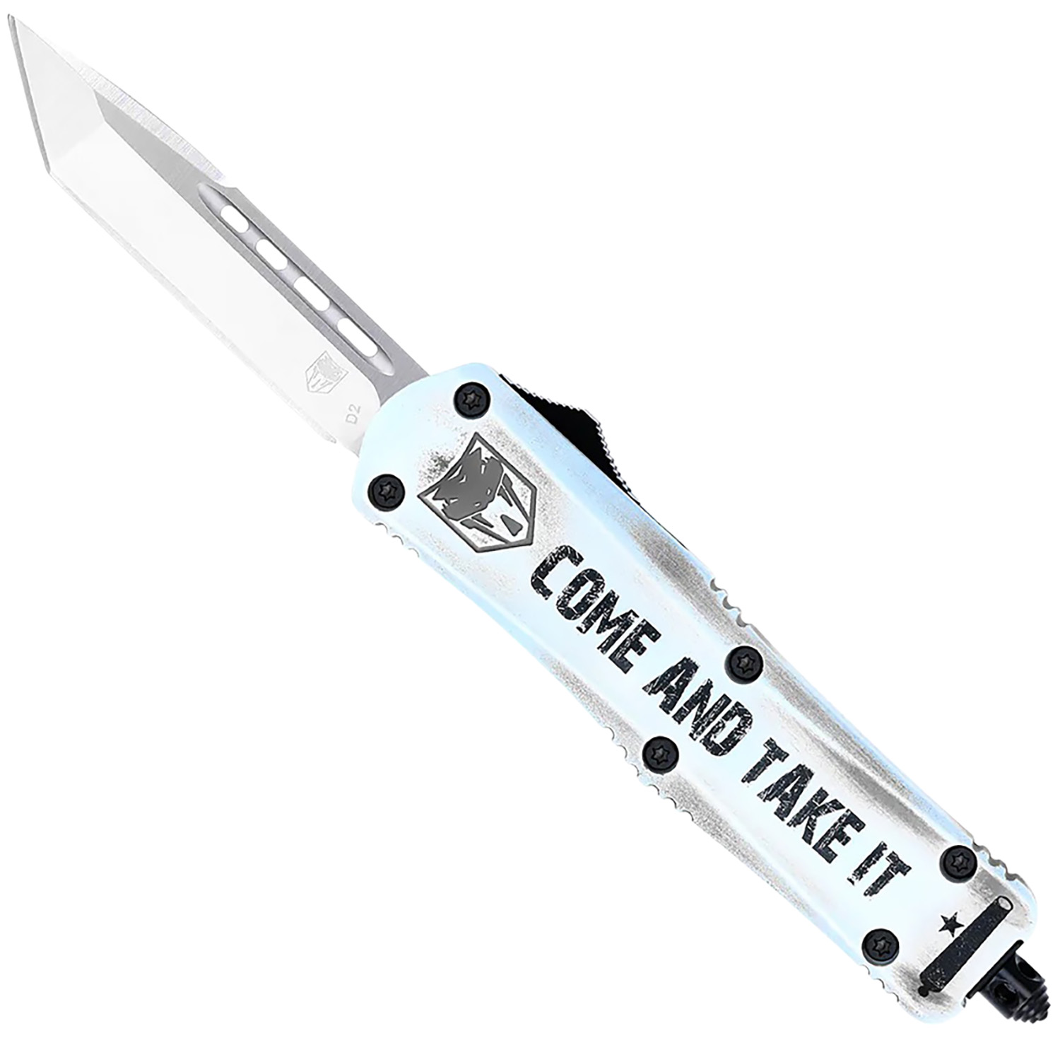 CobraTec Knives SCATIFS3TNS FS-3 Come And Take It Small 3″ OTF Tanto Plain Satin D2 Steel Blade, 4.50″ White “Come And Take It” Aluminum Cerakoted Handle