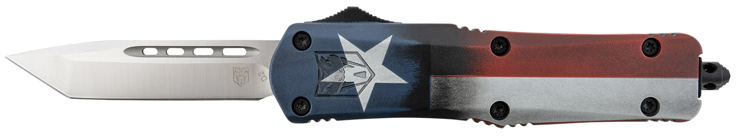 CobraTec Knives MCTXFS3TNS FS-3 Texas Flag Medium 3″ OTF Tanto Plain Satin D2 Steel Blade, 5″ Texas Flag Aluminum Cerakoted Handle