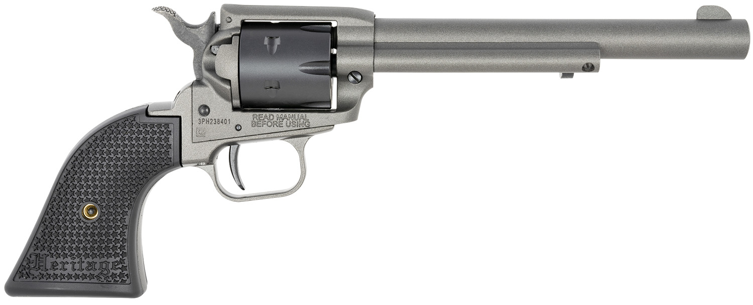 Heritage Mfg RR22C6 Rough Rider  22 LR 6 Shot. 6.50″ Tungsten Gray Cerakote Steel Barrel & Frame, Black Satin Cylinder, Black Star Polymer Grip, Hammer/Thumb Safety, Exposed Hammer