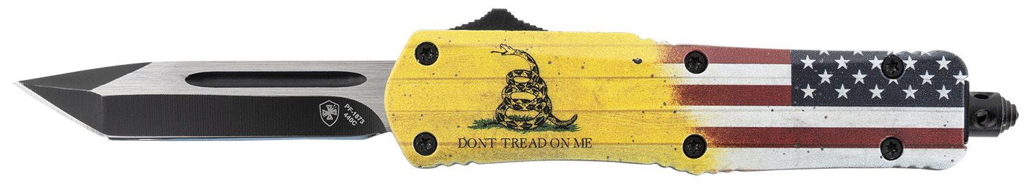 Templar Knife S-DTOM-23-1 Gen II Don’t Tread On Me Small 2.69″ OTF Plain Black Oxide 440C SS Blade, 4.25″ Yellow w/Flag & “Don’t Tread On Me” Aluminum Handle, Glass Breaker