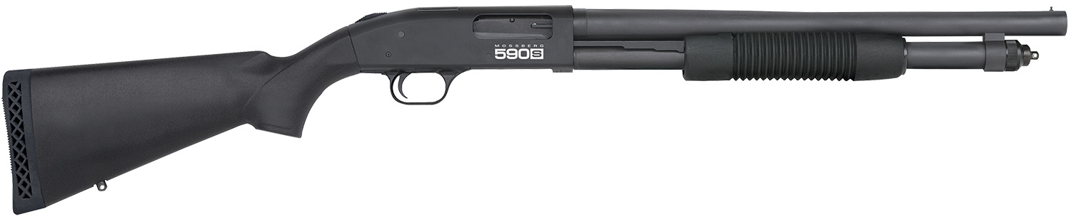 Mossberg 51605 590S  12 Gauge Pump 3″ 9+1 18.50″ Matte Blued Steel Barrel, Matte Blued Optic Ready Receiver, Fixed Black Synthetic Stock, Right Hand