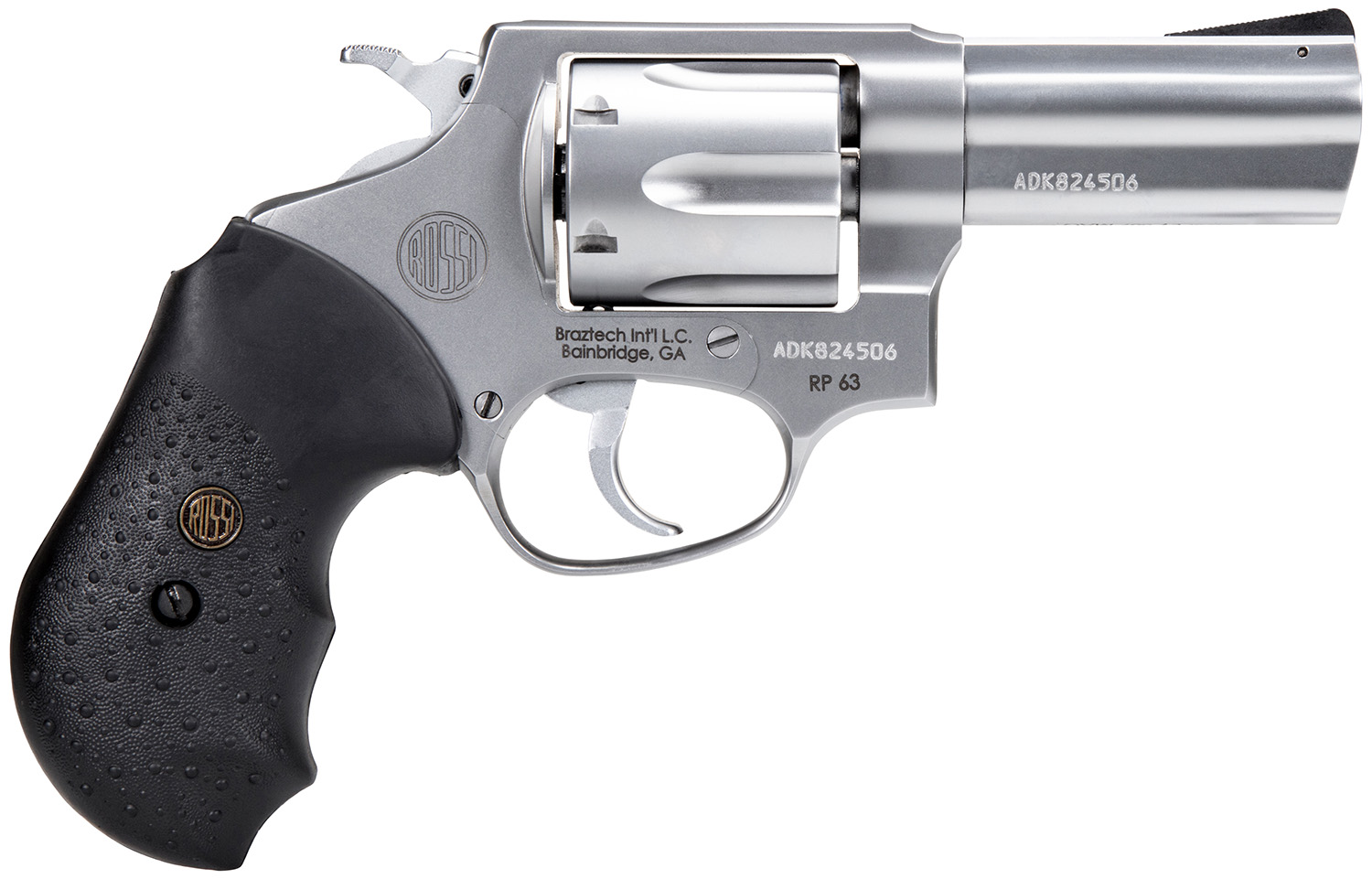 Rossi 2RP639 RP63  Small Frame 357 Mag 6 Shot, 3″ Satin Stainless Steel Barrel, Cylinder & Frame, Black Textured Rubber Grip, Hammer Block Safety, Exposed Hammer