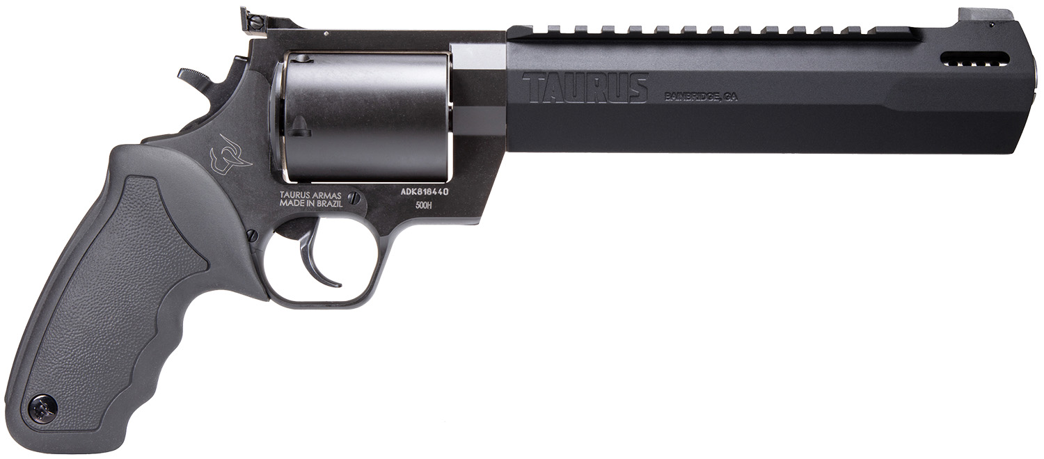 Taurus 2500081RH Raging Hunter  Large Frame 500 S&W Mag 5rd 8.38″ Black Ported/Target Crown Barrel, Matte Black Oxide Cylinder, Black Steel Frame Black Rubber Grip