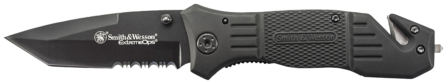 Smith & Wesson Knives SWFR2SCP Extreme Ops  3.30″ Folding Tanto Part Serrated Stainless Steel Blade 4.70″ Black Includes Pocket Clip