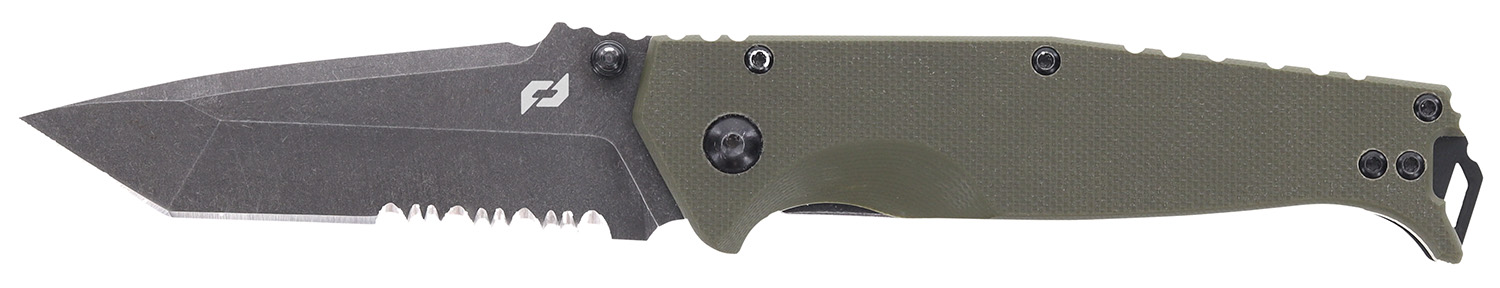 Schrade 1159324 Melee  3.50″ Folding Tanto Part Serrated Dark Stonewash D2 Steel Blade 4.50″ OD Green G10/SS Handle