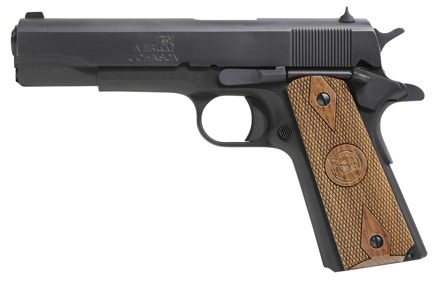 Iver Johnson Arms 1911A1938 1911 A1  38 Super 9+1 5″ Black Steel Barrel, Matte Blued Serrated Steel Slide & Frame w/Beavertail, Double Diamond Checkered Walnut Grip