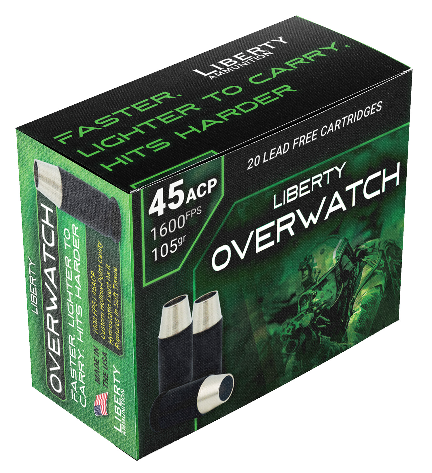 Liberty Ammunition LAOW451051600 OverWatch  45ACP 105gr Open Cavity Design 20 Per Box/50 Case